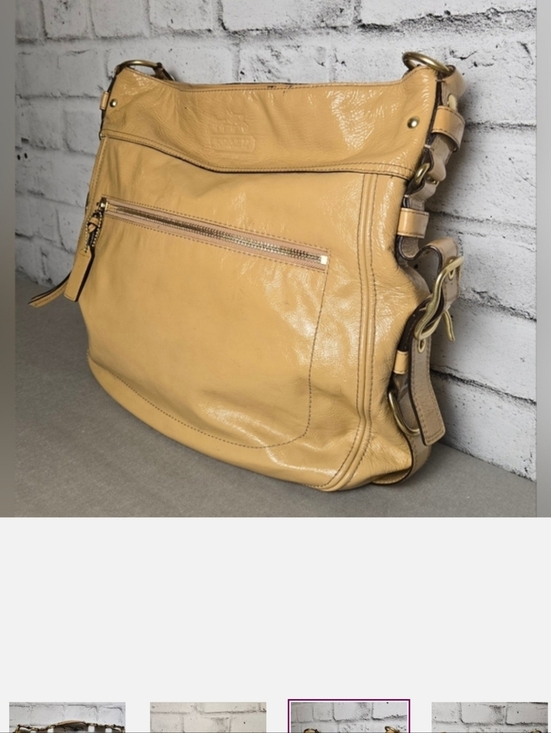 Coach Patent Leather Hobo Shoulder Bag Tan Camel Large Zip